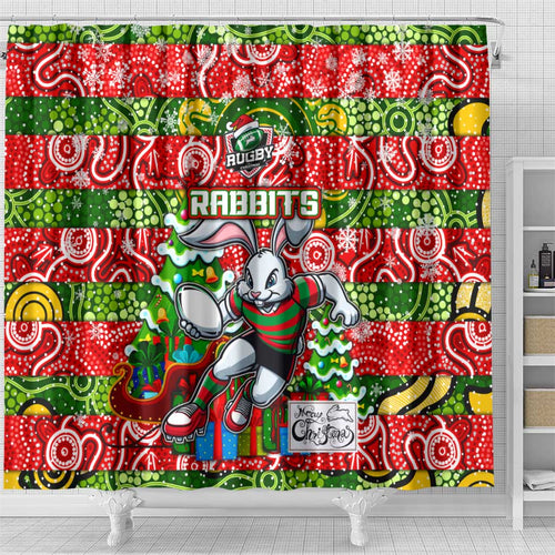 Rabbitohs Rugby Merry Christmas Shower Curtain Indigenous Australian Art