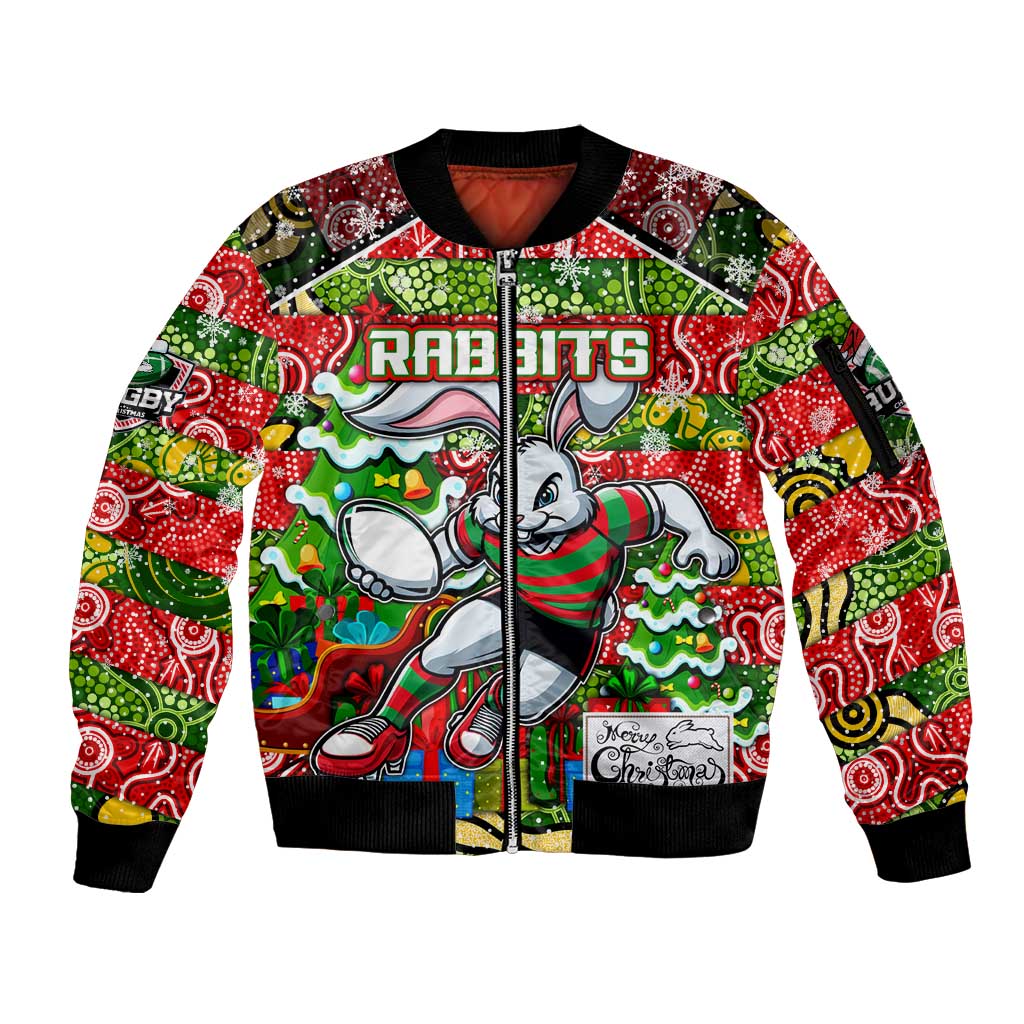 Custom Rabbitohs Rugby Merry Christmas Sleeve Zip Bomber Jacket Indigenous Australian Art