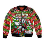 Custom Rabbitohs Rugby Merry Christmas Sleeve Zip Bomber Jacket Indigenous Australian Art