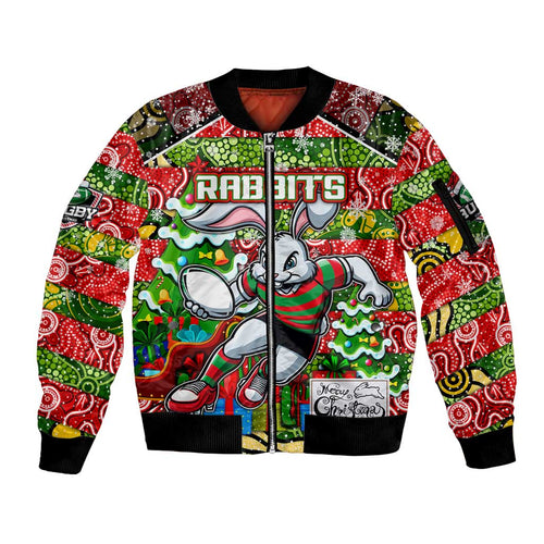 Custom Rabbitohs Rugby Merry Christmas Sleeve Zip Bomber Jacket Indigenous Australian Art