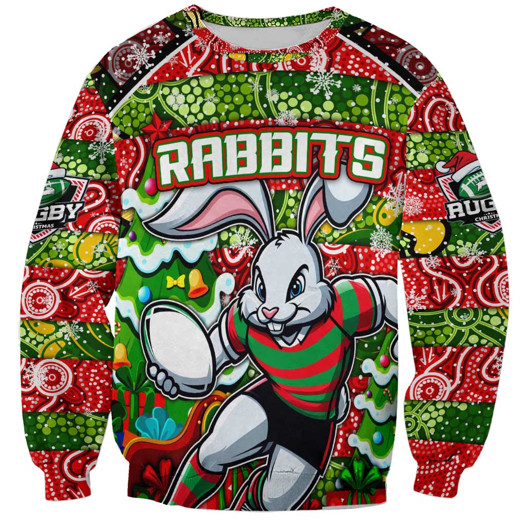 Custom Rabbitohs Rugby Merry Christmas Sweatshirt Indigenous Australian Art