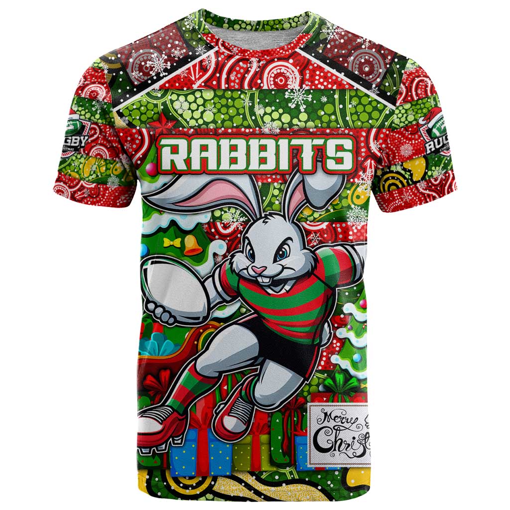 Custom Rabbitohs Rugby Merry Christmas T Shirt Indigenous Australian Art