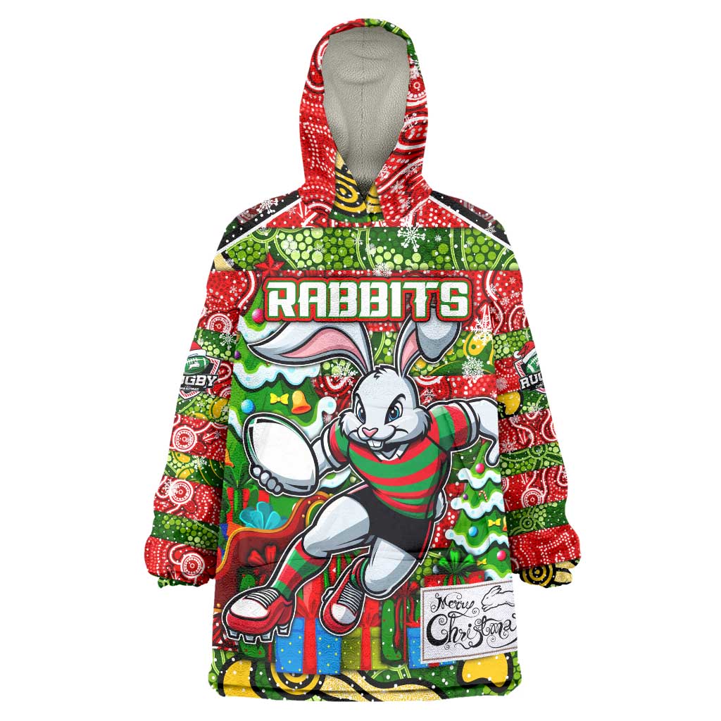Custom Rabbitohs Rugby Merry Christmas Wearable Blanket Hoodie Indigenous Australian Art