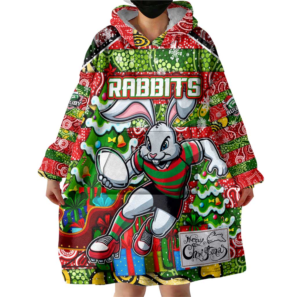 Custom Rabbitohs Rugby Merry Christmas Wearable Blanket Hoodie Indigenous Australian Art