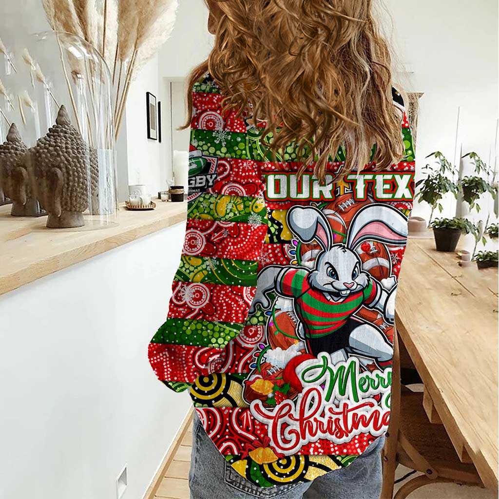 Custom Rabbitohs Rugby Merry Christmas Women Casual Shirt Indigenous Australian Art