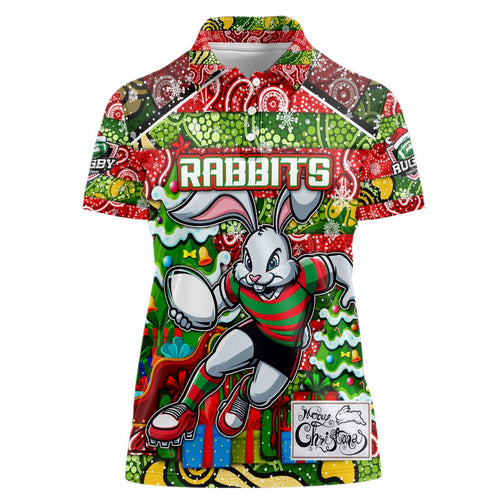Custom Rabbitohs Rugby Merry Christmas Women Polo Shirt Indigenous Australian Art