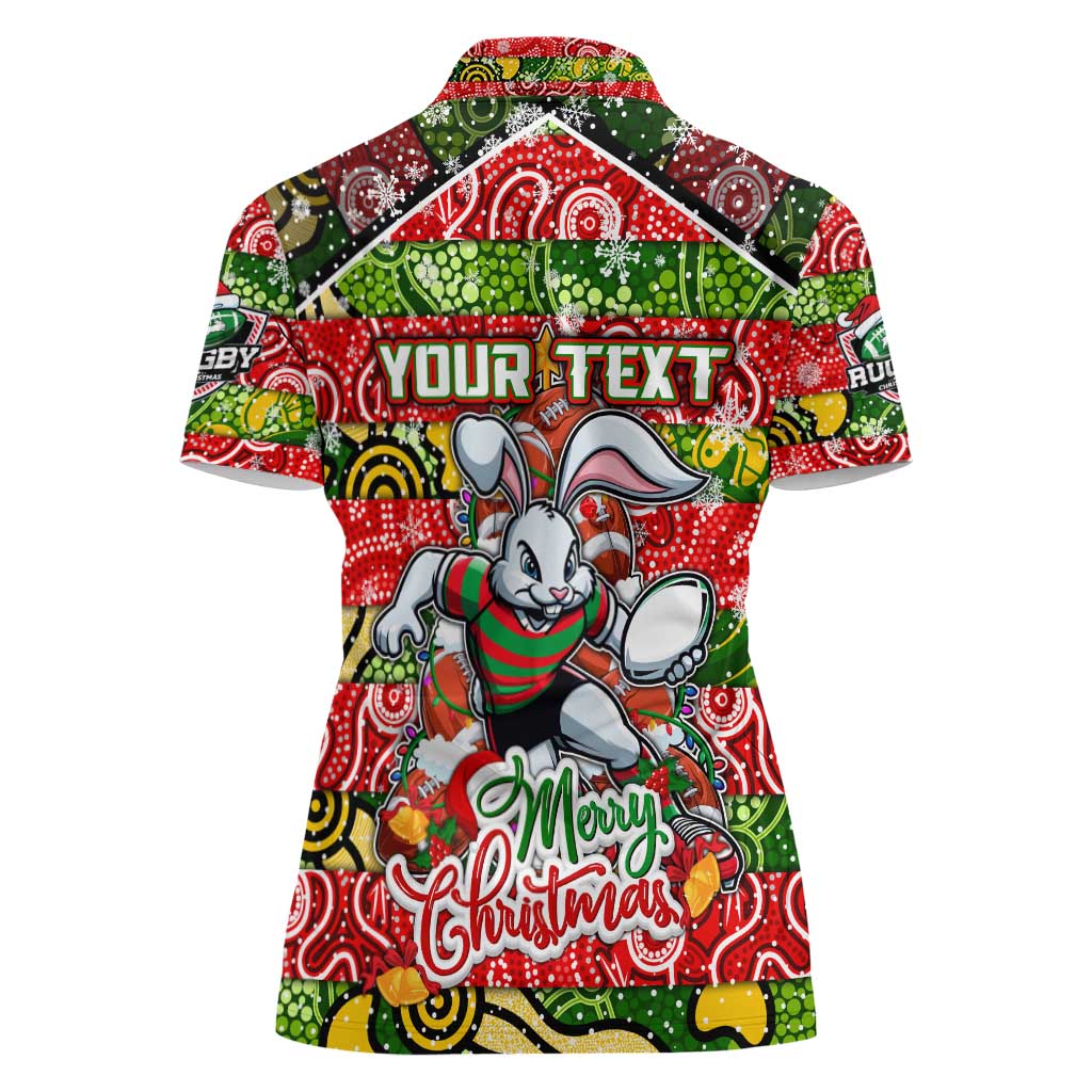Custom Rabbitohs Rugby Merry Christmas Women Polo Shirt Indigenous Australian Art