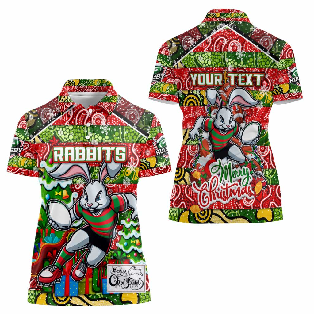 Custom Rabbitohs Rugby Merry Christmas Women Polo Shirt Indigenous Australian Art