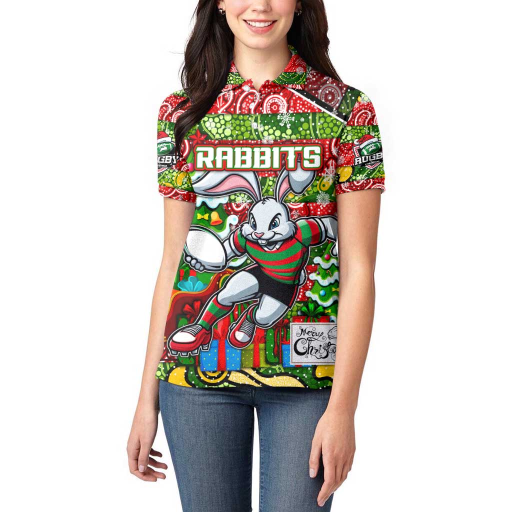 Custom Rabbitohs Rugby Merry Christmas Women Polo Shirt Indigenous Australian Art