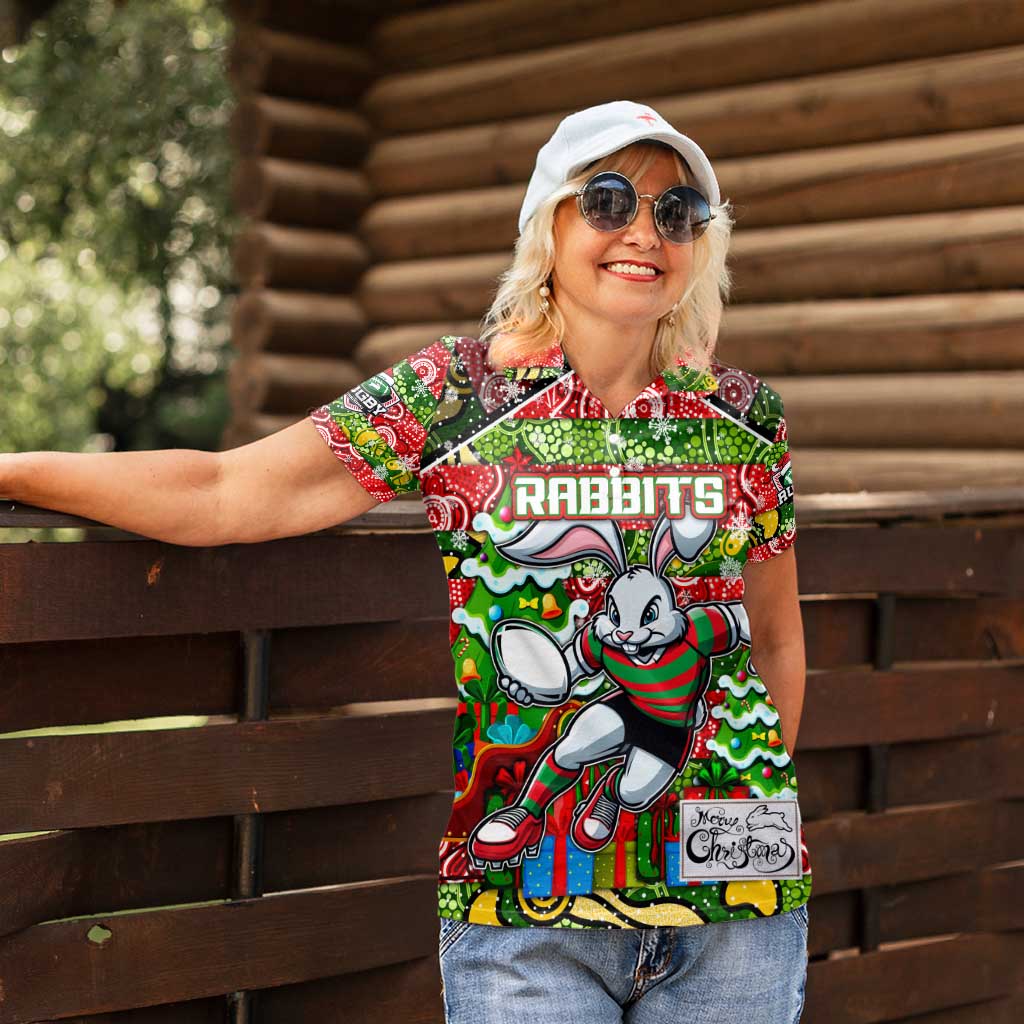 Custom Rabbitohs Rugby Merry Christmas Women Polo Shirt Indigenous Australian Art