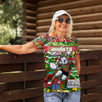 Custom Rabbitohs Rugby Merry Christmas Women Polo Shirt Indigenous Australian Art