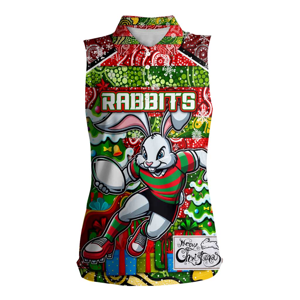 Custom Rabbitohs Rugby Merry Christmas Women Sleeveless Polo Shirt Indigenous Australian Art