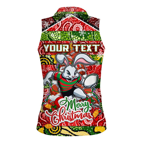 Custom Rabbitohs Rugby Merry Christmas Women Sleeveless Polo Shirt Indigenous Australian Art