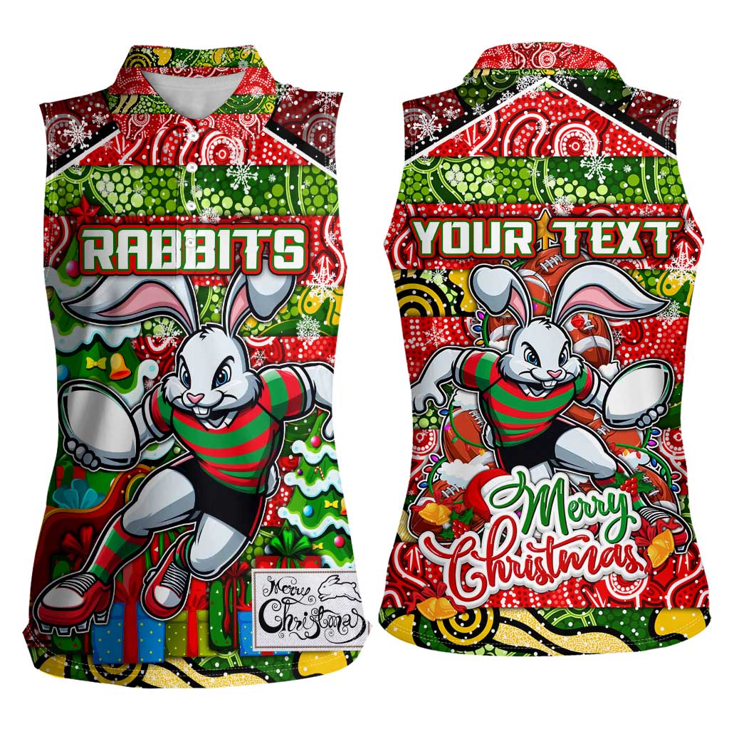 Custom Rabbitohs Rugby Merry Christmas Women Sleeveless Polo Shirt Indigenous Australian Art