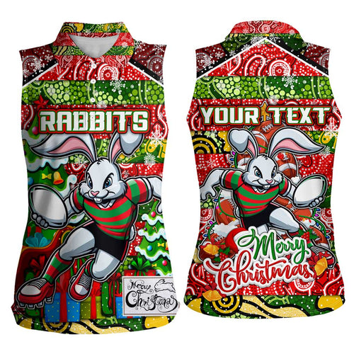 Custom Rabbitohs Rugby Merry Christmas Women Sleeveless Polo Shirt Indigenous Australian Art