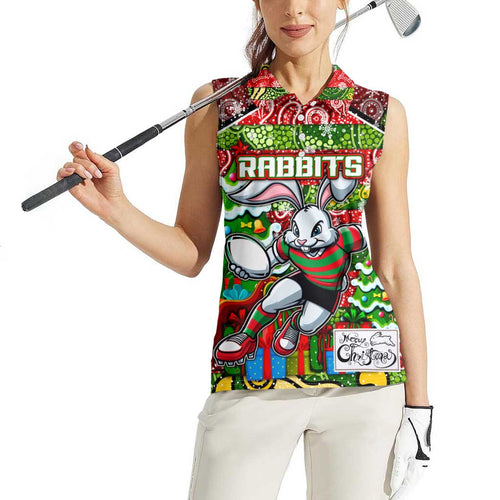 Custom Rabbitohs Rugby Merry Christmas Women Sleeveless Polo Shirt Indigenous Australian Art