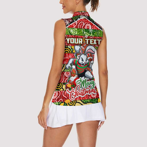 Custom Rabbitohs Rugby Merry Christmas Women Sleeveless Polo Shirt Indigenous Australian Art
