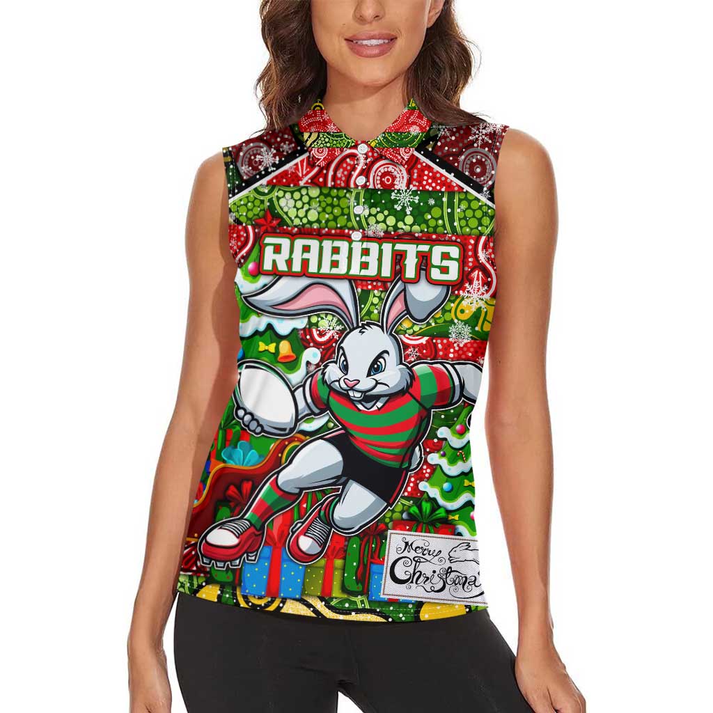 Custom Rabbitohs Rugby Merry Christmas Women Sleeveless Polo Shirt Indigenous Australian Art