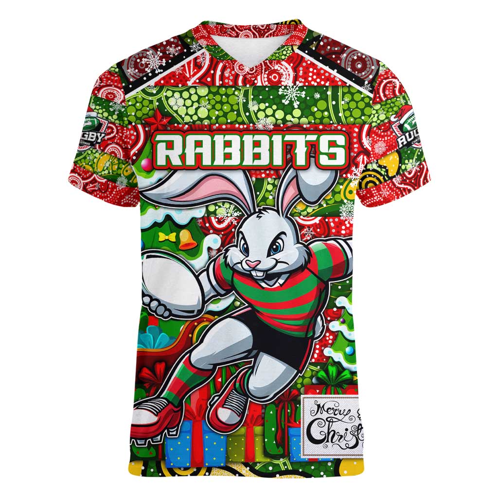 Custom Rabbitohs Rugby Merry Christmas Women V-Neck T-Shirt Indigenous Australian Art