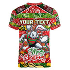 Custom Rabbitohs Rugby Merry Christmas Women V-Neck T-Shirt Indigenous Australian Art