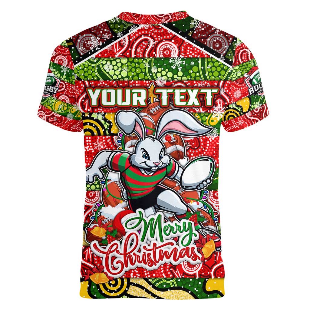Custom Rabbitohs Rugby Merry Christmas Women V-Neck T-Shirt Indigenous Australian Art