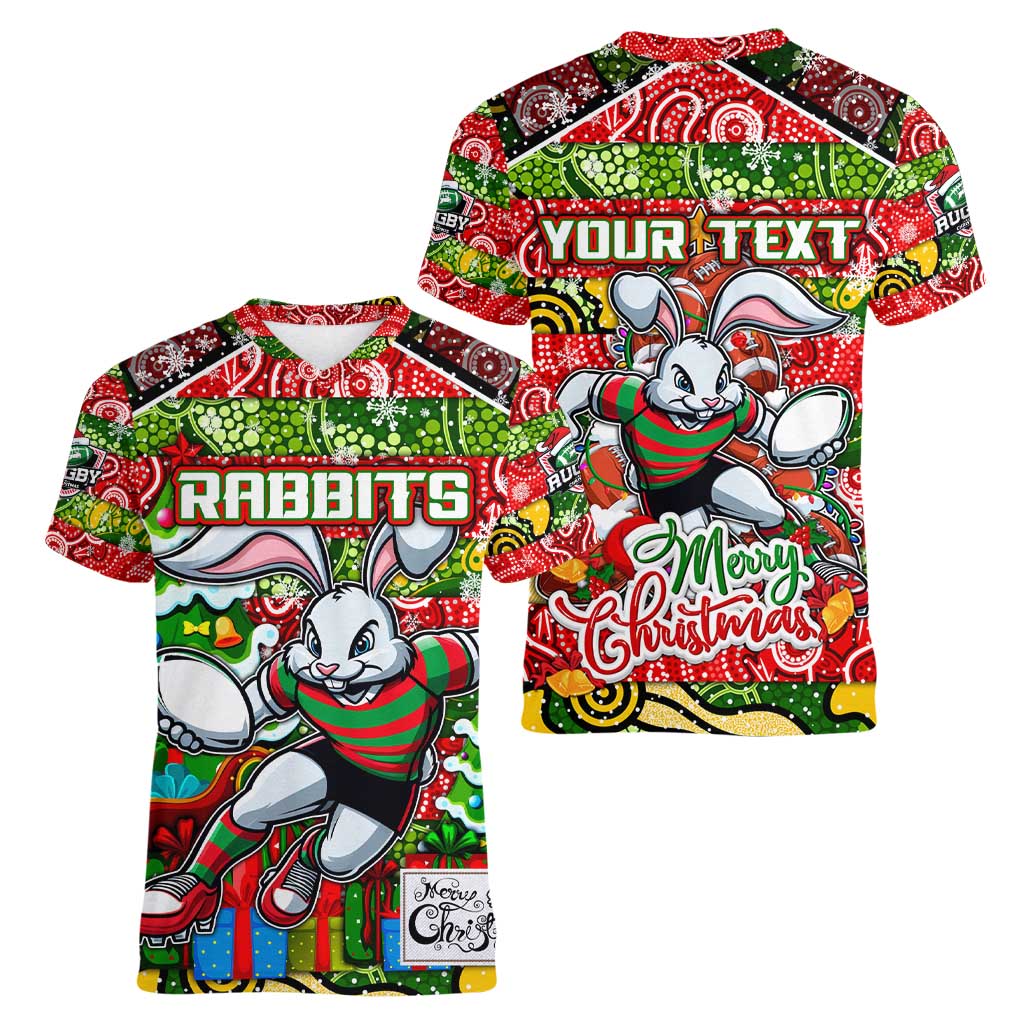 Custom Rabbitohs Rugby Merry Christmas Women V-Neck T-Shirt Indigenous Australian Art