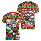 Custom Rabbitohs Rugby Merry Christmas Women V-Neck T-Shirt Indigenous Australian Art