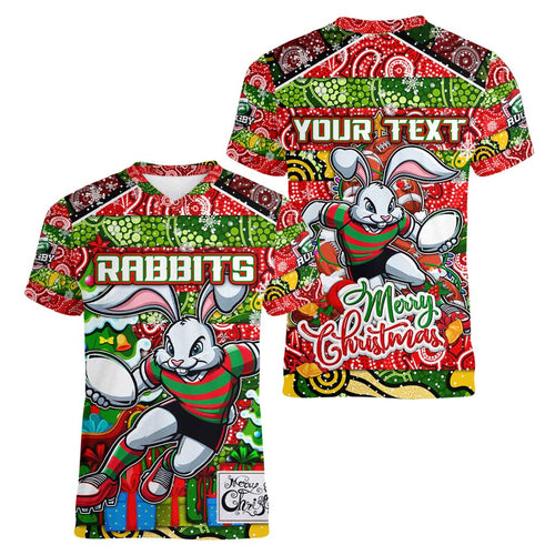 Custom Rabbitohs Rugby Merry Christmas Women V-Neck T-Shirt Indigenous Australian Art
