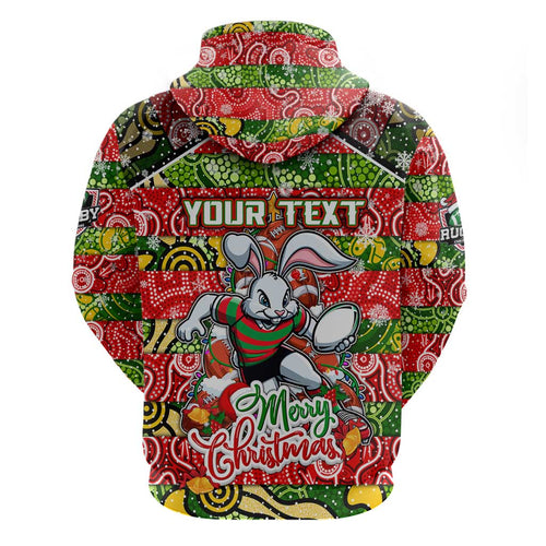 Custom Rabbitohs Rugby Merry Christmas Zip Hoodie Indigenous Australian Art