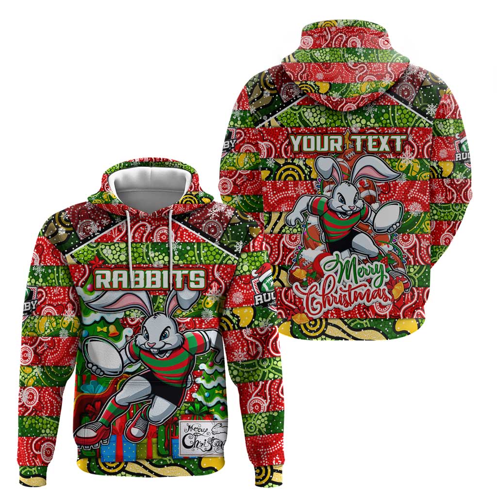 Custom Rabbitohs Rugby Merry Christmas Zip Hoodie Indigenous Australian Art