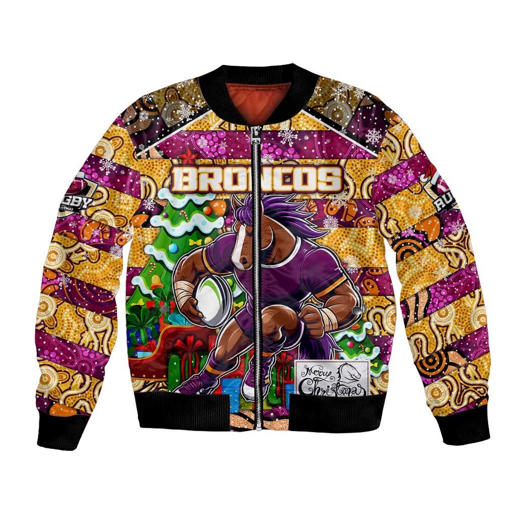 Custom Broncos Rugby Merry Christmas Bomber Jacket Indigenous Australian Art