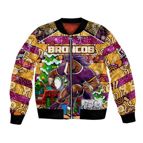 Custom Broncos Rugby Merry Christmas Bomber Jacket Indigenous Australian Art