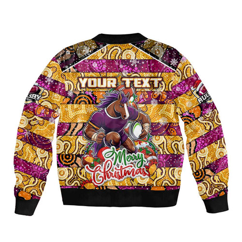 Custom Broncos Rugby Merry Christmas Bomber Jacket Indigenous Australian Art