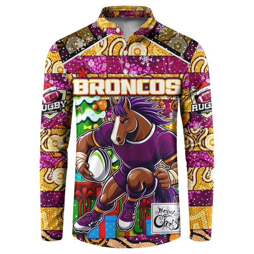 Custom Broncos Rugby Merry Christmas Button Sweatshirt Indigenous Australian Art