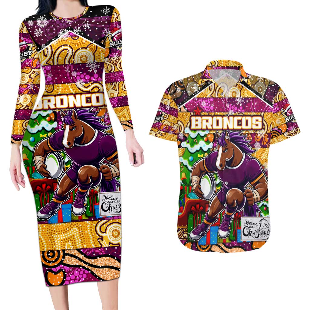 Custom Broncos Rugby Merry Christmas Couples Matching Long Sleeve Bodycon Dress and Hawaiian Shirt Indigenous Australian Art