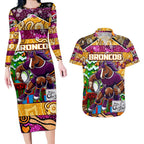 Custom Broncos Rugby Merry Christmas Couples Matching Long Sleeve Bodycon Dress and Hawaiian Shirt Indigenous Australian Art