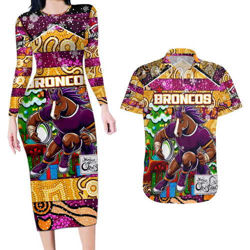 Custom Broncos Rugby Merry Christmas Couples Matching Long Sleeve Bodycon Dress and Hawaiian Shirt Indigenous Australian Art