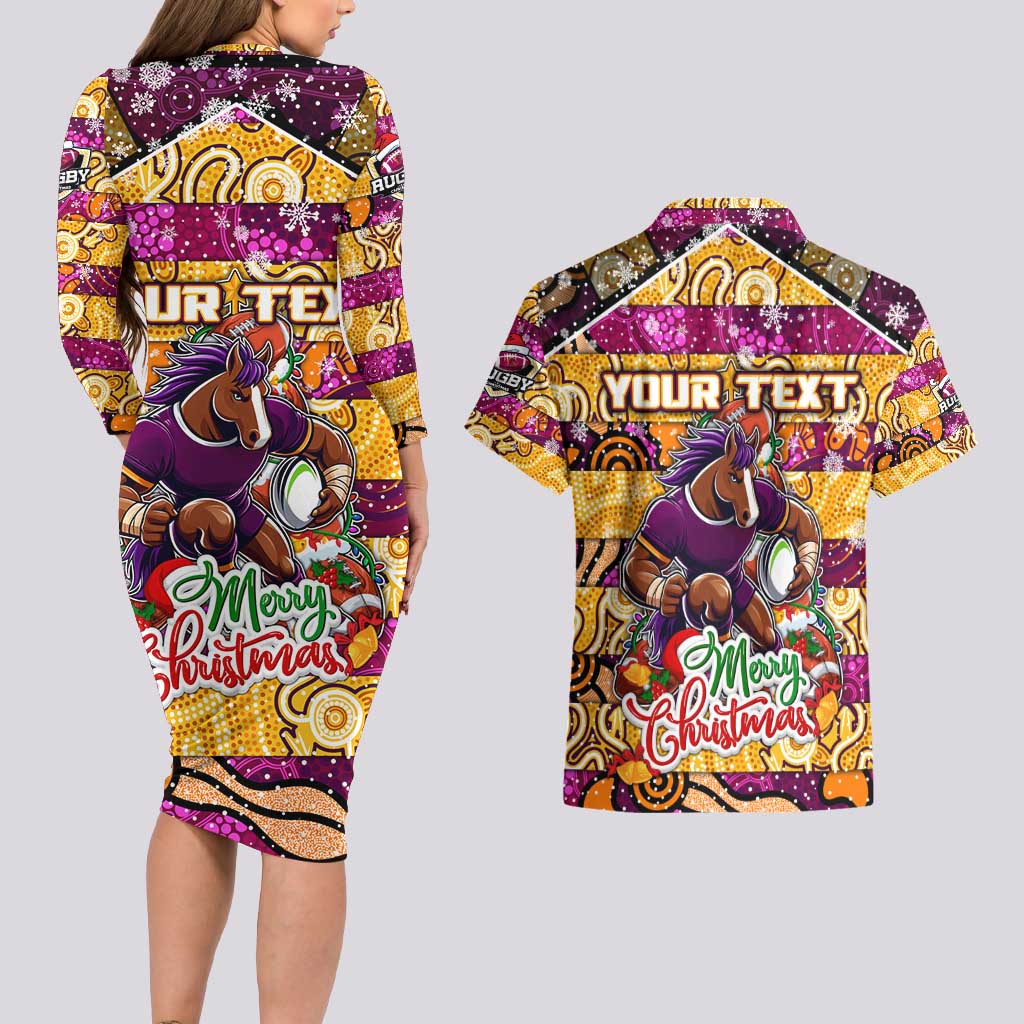 Custom Broncos Rugby Merry Christmas Couples Matching Long Sleeve Bodycon Dress and Hawaiian Shirt Indigenous Australian Art