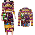 Custom Broncos Rugby Merry Christmas Couples Matching Long Sleeve Bodycon Dress and Long Sleeve Button Shirt Indigenous Australian Art