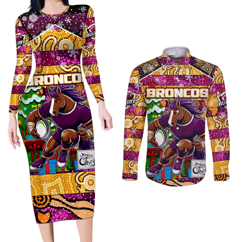 Custom Broncos Rugby Merry Christmas Couples Matching Long Sleeve Bodycon Dress and Long Sleeve Button Shirt Indigenous Australian Art