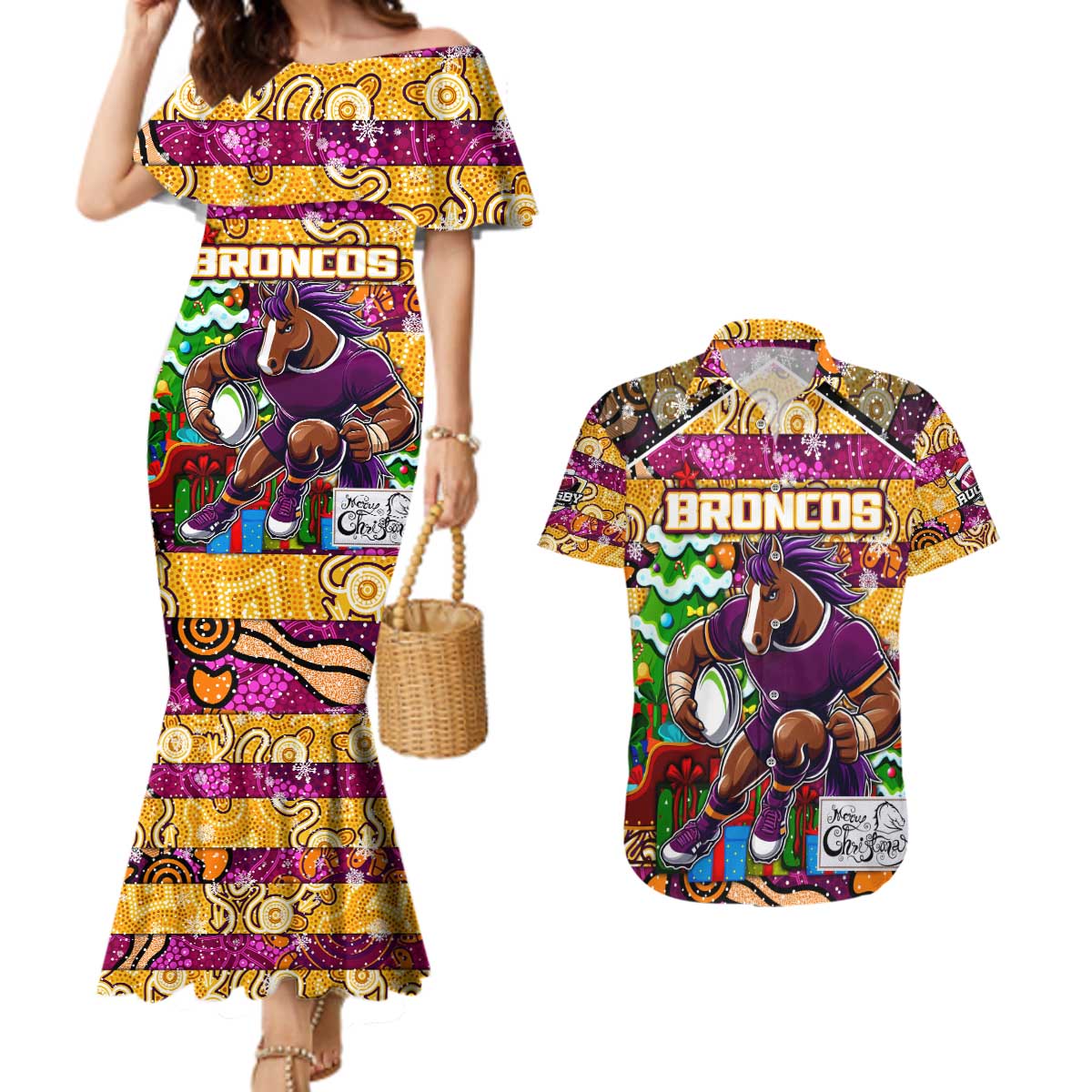 Custom Broncos Rugby Merry Christmas Couples Matching Mermaid Dress and Hawaiian Shirt Indigenous Australian Art