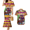 Custom Broncos Rugby Merry Christmas Couples Matching Mermaid Dress and Hawaiian Shirt Indigenous Australian Art