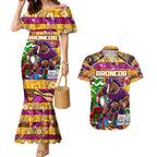 Custom Broncos Rugby Merry Christmas Couples Matching Mermaid Dress and Hawaiian Shirt Indigenous Australian Art