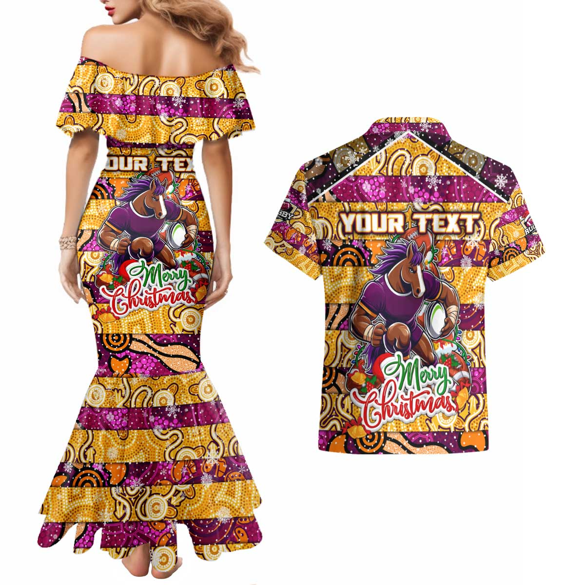 Custom Broncos Rugby Merry Christmas Couples Matching Mermaid Dress and Hawaiian Shirt Indigenous Australian Art