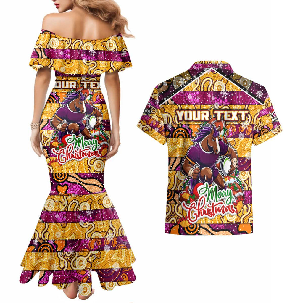 Custom Broncos Rugby Merry Christmas Couples Matching Mermaid Dress and Hawaiian Shirt Indigenous Australian Art