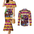 Custom Broncos Rugby Merry Christmas Couples Matching Mermaid Dress and Long Sleeve Button Shirt Indigenous Australian Art