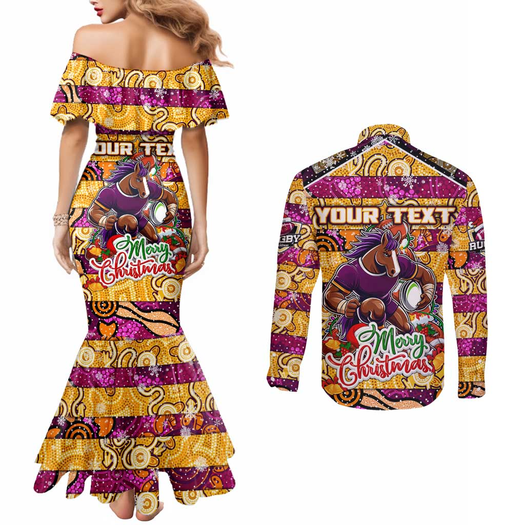 Custom Broncos Rugby Merry Christmas Couples Matching Mermaid Dress and Long Sleeve Button Shirt Indigenous Australian Art