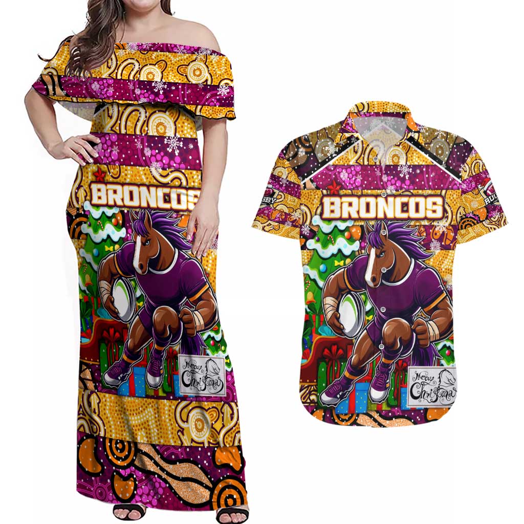 Custom Broncos Rugby Merry Christmas Couples Matching Off Shoulder Maxi Dress and Hawaiian Shirt Indigenous Australian Art