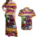 Custom Broncos Rugby Merry Christmas Couples Matching Off Shoulder Maxi Dress and Hawaiian Shirt Indigenous Australian Art