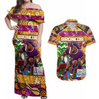 Custom Broncos Rugby Merry Christmas Couples Matching Off Shoulder Maxi Dress and Hawaiian Shirt Indigenous Australian Art